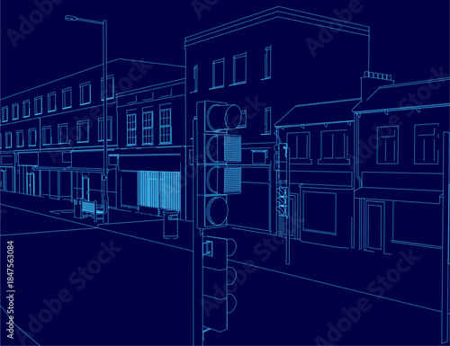 A blue contour line drawing of a town street at night, featuring illuminated buildings, streetlights, and traffic poles.