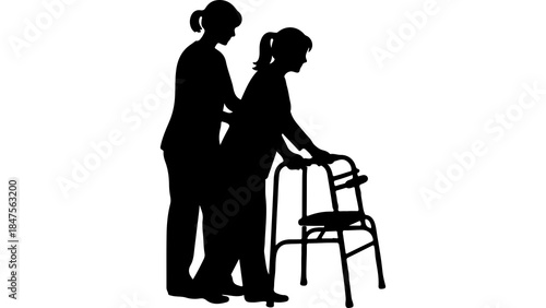 Caregiver assisting senior woman with walker with transparent background