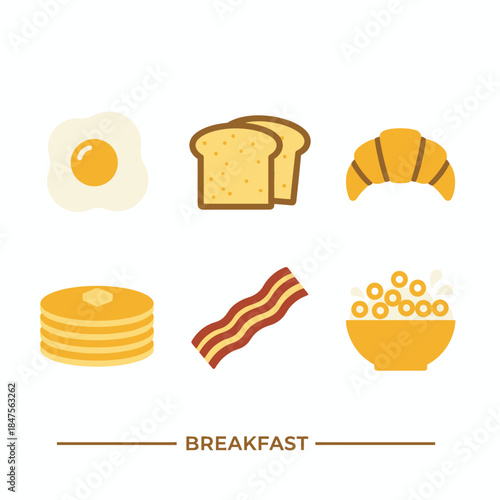 A clean, flat illustration set of breakfast food icons featuring eggs, bread, croissant, pancakes, bacon, and cereal in warm yellow tones.