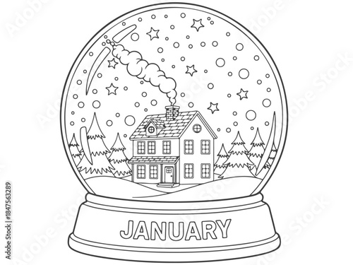 A detailed line drawing of a snow globe featuring a cozy house with smoke coming from the chimney, surrounded by pine trees and falling snow, with the word "JANUARY" on the base.
