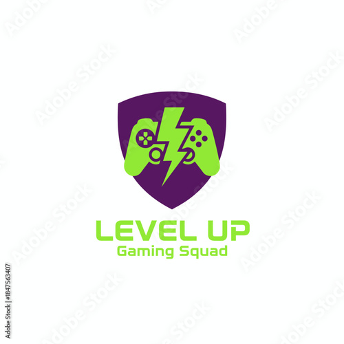 Dynamic gaming squad logo with game controllers and shield icon, representing teamwork, competition, esports spirit, digital entertainment, and leveling up skills.