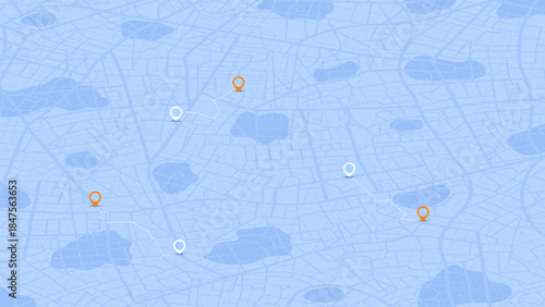 Isometric city map background with navigation pins and route path. Urban town plan with street network and gps markers. Blue scheme layout. Vector illustration.