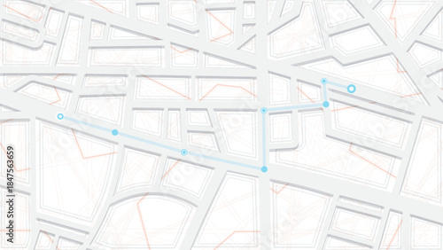 Public transport route. White 3D layered street plan with road network and bus or subway line stops. Minimalist navigation. Vector illustration.