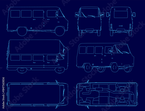 Blueprint van contour set on a blue background, displaying the vehicle's detailed design and technical specifications.