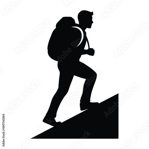 Hiker silhouette climbing a steep mountain