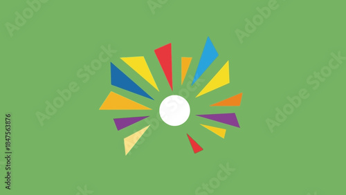 A vibrant abstract logo featuring a white circle at the center with colorful triangular rays radiating outwards on a solid green background.