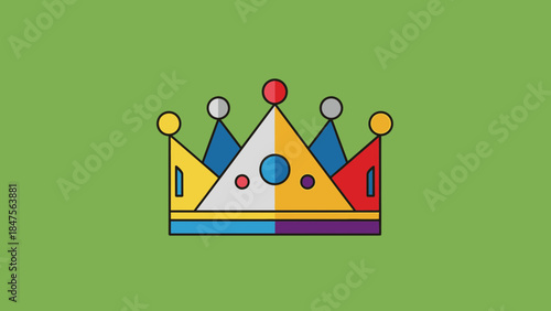 A colorful, flat design illustration of a royal crown with geometric shapes on a solid green background.