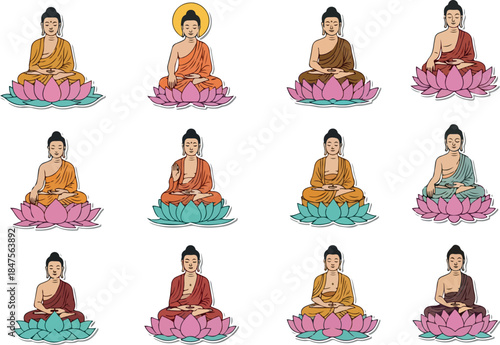Collection of Meditating Buddha Illustrations on Lotus Flowers