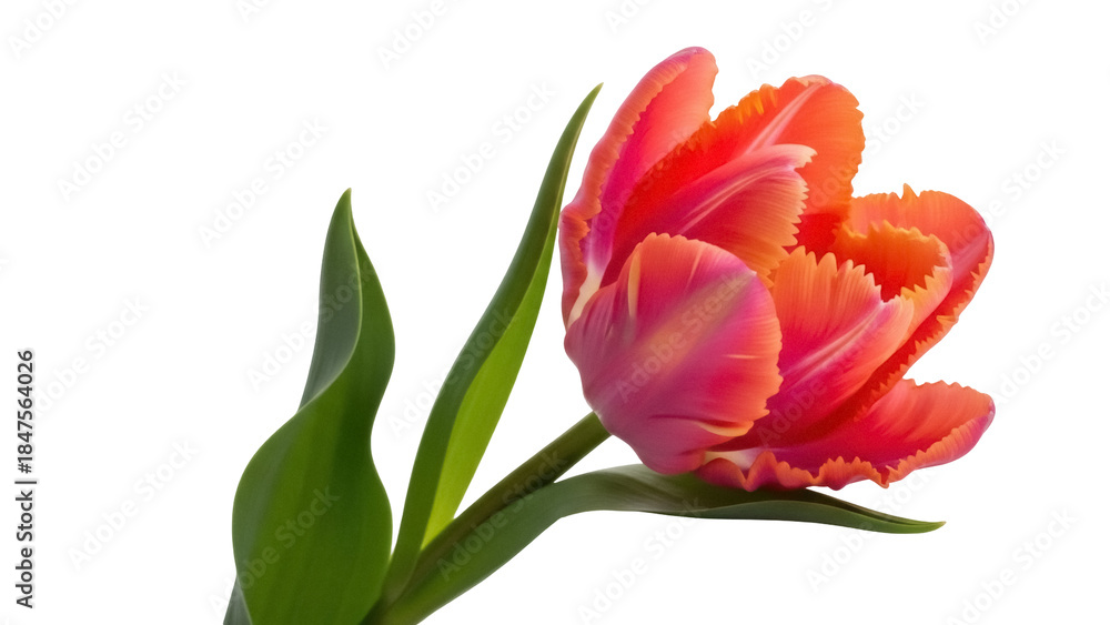 Naklejka premium Isolated Tulip Flower in Bloom with Orange, Pink, and Green Colors, Spring Botanical Image