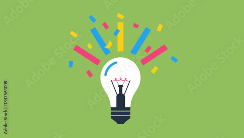 A bright light bulb glowing with colorful rays and confetti on a green background, symbolizing new ideas and creativity.