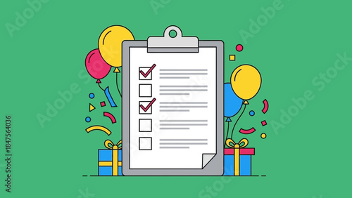 Illustration of a completed checklist on a clipboard surrounded by festive balloons, gift boxes, and confetti, symbolizing achievement or celebration.