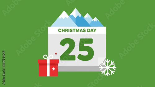 Flat design illustration of a calendar showing Christmas Day on the 25th, with a gift box, snowflake, and snowy mountains on a green background.