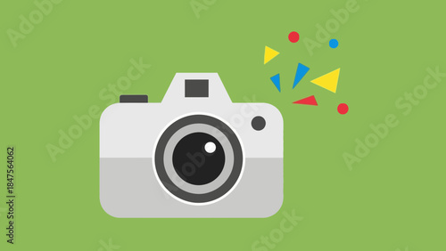 Flat design illustration of a camera capturing colorful geometric shapes on a green background.