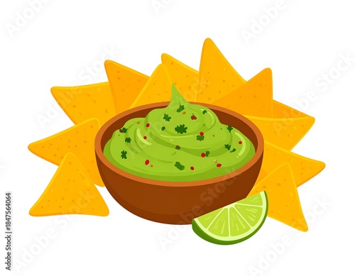 Cartoon illustration featuring a bowl of guacamole and tortilla chips