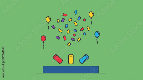 Confetti and balloons explode from party poppers on a blue platform, celebrating a festive occasion.