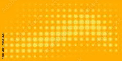 Yellow halftone pattern. Retro comic gradient background. Bright orange pixelated dotted texture overlay. Cartoon pop art faded gradient pattern. Vector backdrop for poster, banner, advertisement