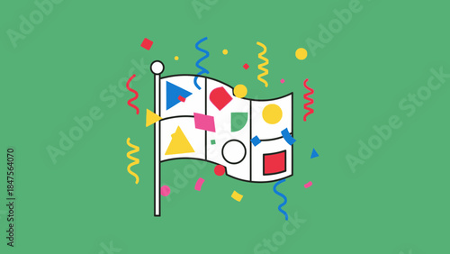A white flag adorned with colorful geometric shapes and surrounded by festive confetti and streamers on a vibrant green background.