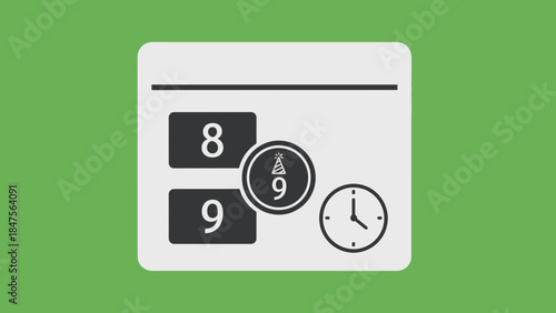 An illustration of a calendar or schedule interface with numbers 8 and 9, an elevator floor indicator, and a clock icon on a green background.