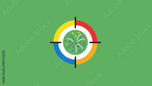 A colorful target symbol with confetti-like elements on a green background, representing a festive goal or celebration.
