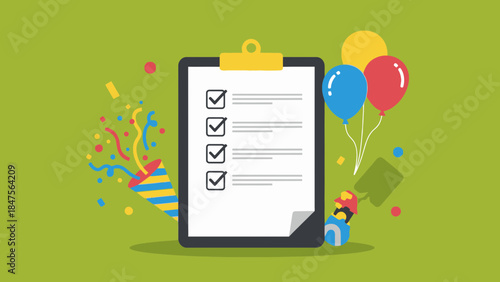 A festive illustration of a completed checklist on a clipboard surrounded by party elements like confetti, balloons, and poppers, symbolizing achievement and celebration.