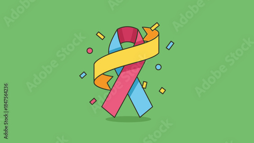 A vibrant pink and blue awareness ribbon with a yellow banner and colorful confetti on a green background.