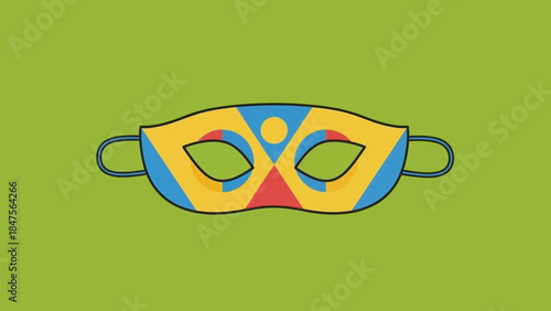 A vibrant yellow, blue, and red masquerade mask with geometric patterns, set against a solid green background, in a flat illustration style.