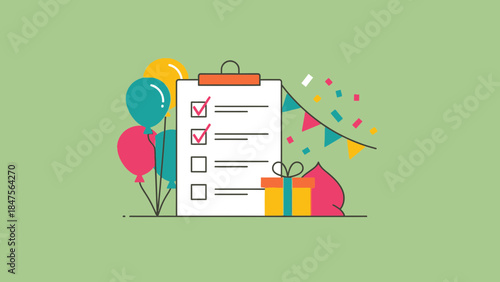 Illustration of a party planning checklist with balloons, confetti, and a gift box on a green background.