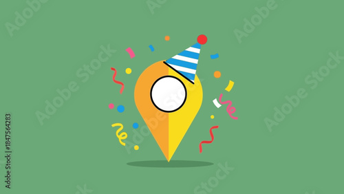 A festive location pin icon wearing a party hat, surrounded by colorful confetti and streamers on a green background, symbolizing celebration and events.