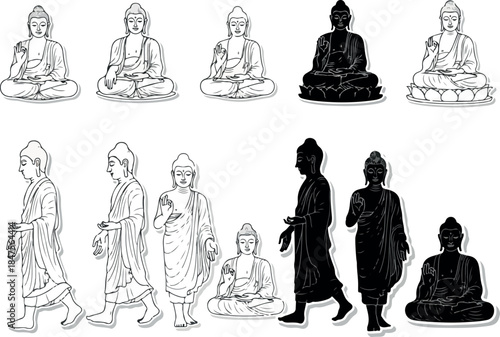 Set of Buddha illustrations in different poses and styles