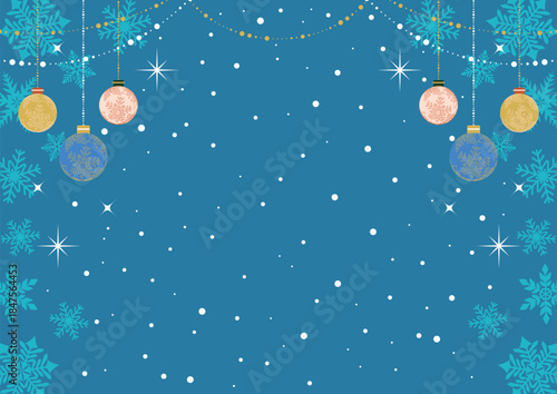 超シンプルクリスマス背景、かわいい、雪、オーナメント、青、横、イラスト
