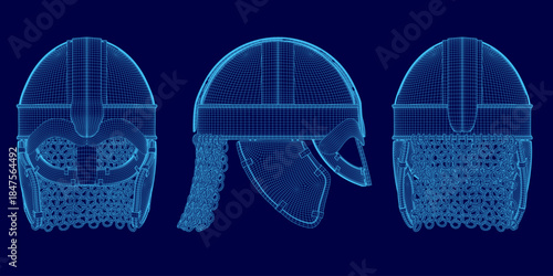 A detailed 3D wireframe model of a Viking helmet, displayed as a blueprint against a solid blue background.