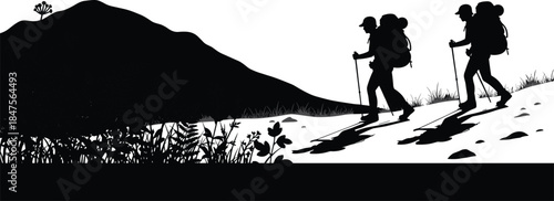 Adventure hikers silhouette trekking uphill in mountain landscape with backpacks symbolizing teamwork exploration travel outdoor lifestyle vector illustration design