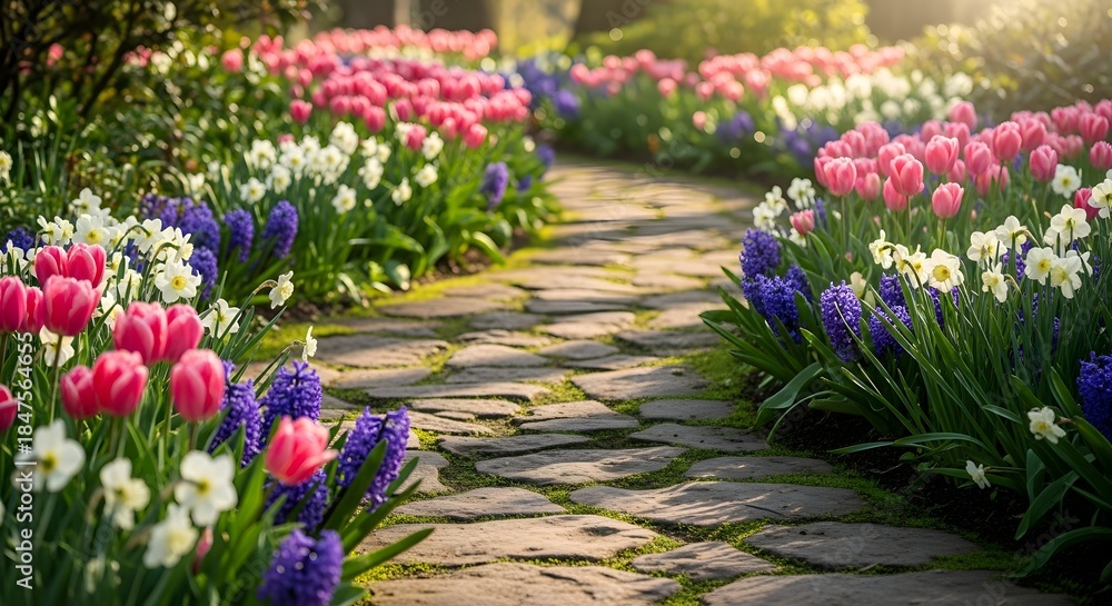 Fototapeta premium Idyllic garden path surrounded by vibrant pink tulips, purple hyacinths, and white daffodils for a new blooms concept and natural spring beauty