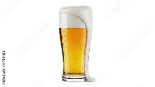 Canvas Print Isolated glass of overflowing beer with foam, amber liquid, refreshing beverage