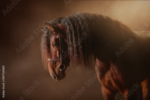 Brown andalusian (PRE) with a long, wavy mane