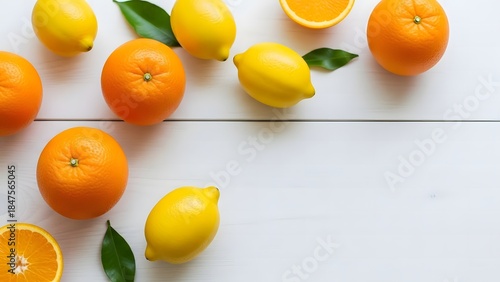 Overhead view of oranges and lemons with leaves on a white wooden surface.