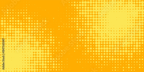 Vector Yellow halftone pattern. Retro comic gradient background. Bright orange pixelated dotted texture overlay. Art