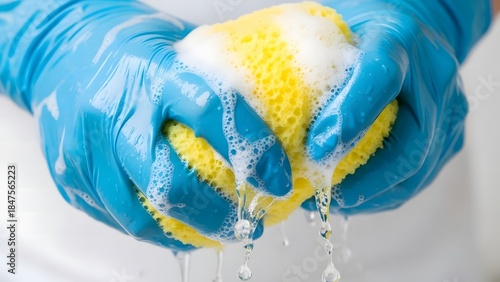 Close-up of gloved hands squeezing a soapy yellow sponge with water droplets against a white background.