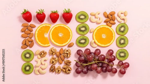 Flat lay of assorted fruits and nuts arranged to spell 'COOL' on a pastel pink background