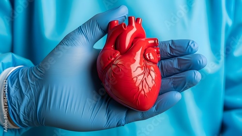 Close-up of a hand wearing blue latex gloves holding a red heart model against a blue medical background.