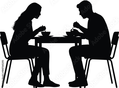 Couple dining together silhouette vector illustration of man and woman eating at table romantic dinner isolated white background design concept