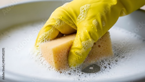 Hand in yellow glove washing dish with sponge and soap in a sink