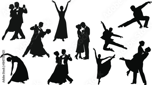 Elegant ballroom and contemporary dance silhouettes collection featuring couples and solo performers expressing movement rhythm passion grace vector illustration
