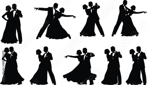 Elegant ballroom dance couple silhouettes collection featuring waltz tango poses isolated black vector illustration set for romance performance design