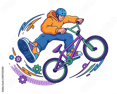 Dynamic cyclist in mid-air, performing an action stunt on a bike, illustrated in vibrant colors with exaggerated proportions and fluid motion lines