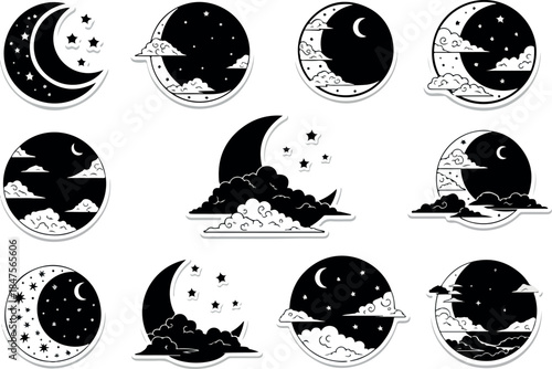 Celestial Crescent Moons and Clouds Night Sky Dreamscapes in Black and White