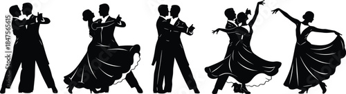 Elegant ballroom dance couple silhouettes performing classic tango and waltz poses, romantic movement, isolated black vector illustration on white background