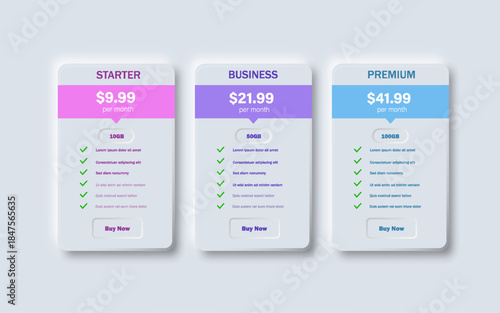 Business price chart template, Web banner checklist template design. Design a price list comparison table on white background