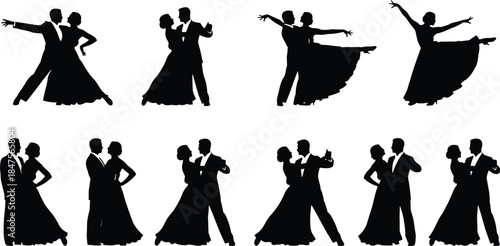 Elegant ballroom dance couple silhouettes performing classic waltz and tango poses isolated on white background vector illustration set