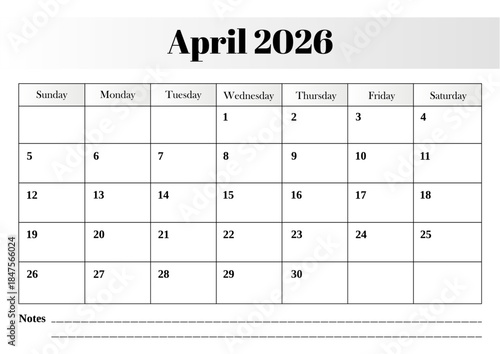 April 2026 monthly calendar vector design with a well-structured grid layout